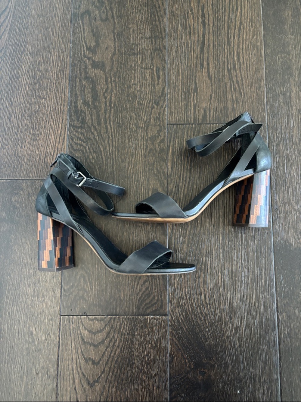 Black Block Heel Sandals with Patterned Heel
